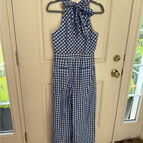 J.Crew Gingham High-Neck Cotton Poplin Jumpsuit in blue and white - Picture 9 of 10